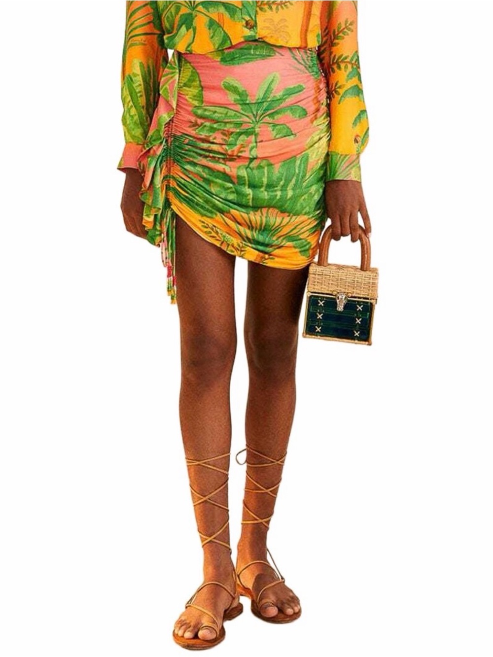 FARM Rio Pink, Green & Yellow Tropical Ruched Mini Skirt
